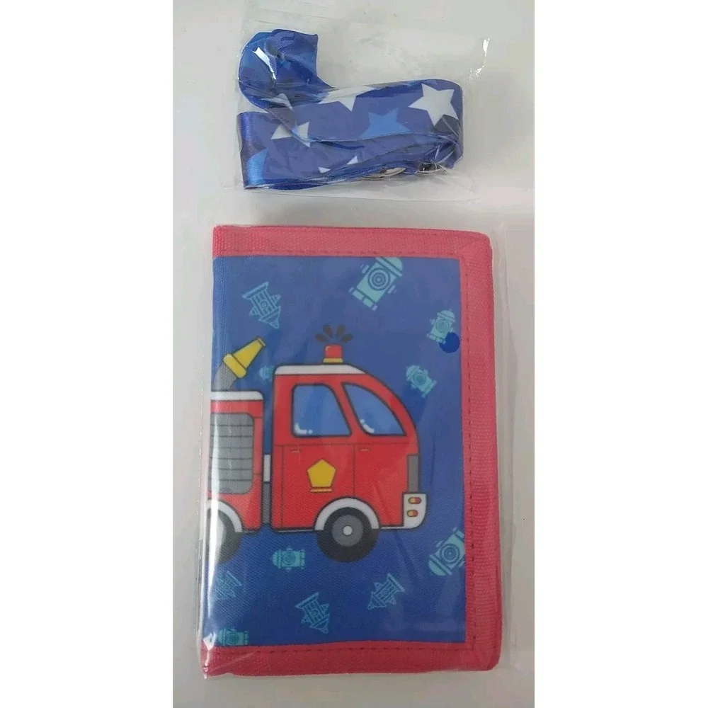 Fire Truck Boys Blue Trifold Wallet with Key Chain & Lanyard